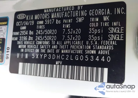 2020 Kia Telluride Ex z USA, uszkodzony, nr VIN 5XYP3DHC2LG053440